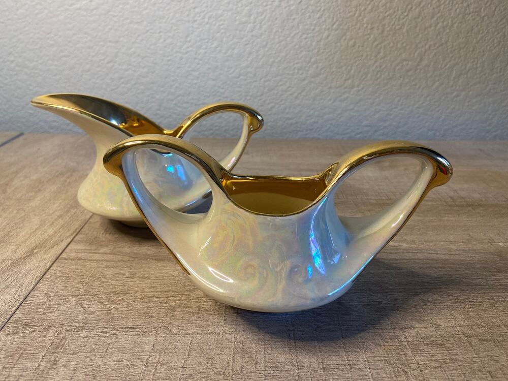 Vintage Pearl China Iridescent Cream Colored Sugar Creamer Set Gold Accents USA